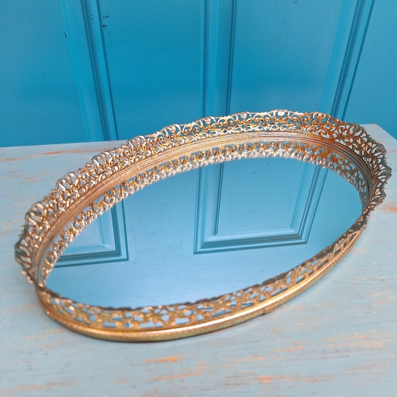 Vintage Vanity Mirror Tray Gold Perfume Trey MCM Art Deco Oval Shape Ornate Mint - Picture 4 of 11